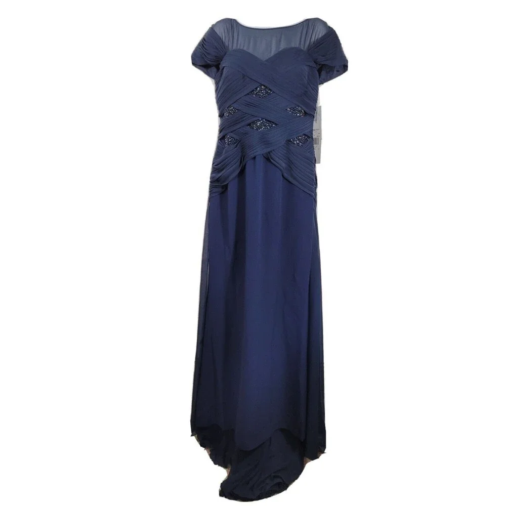 Navy Blue Short-Sleeve Bridal Gown with Embellished Waist - Picture 4 of 9